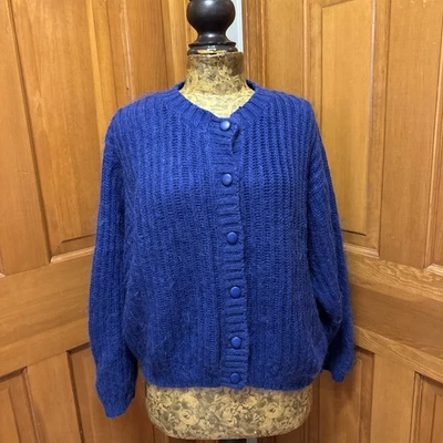 Cárdigan suéter grande para mujer LL Bean azul púrpura mezcla de lana mohair acanalado cuadrado Foto 1 de 4