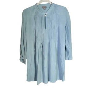 J. Jill Women’s Sz M Blue Pintuck Tunic Blouse 3/4 Sleeve Neck Key Hole Light - Picture 1 of 7