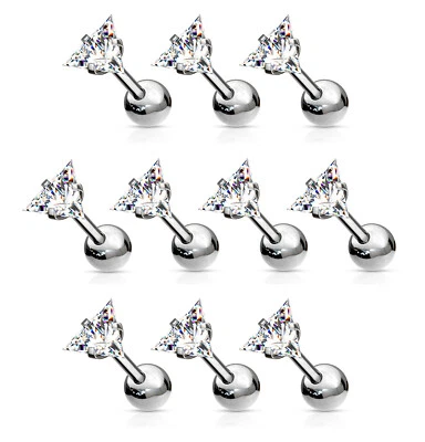 10pcs Prong Set Triangle Clear Gem Stud Tragus Rings 16g Cartilage Barbells - Image 1 of 2