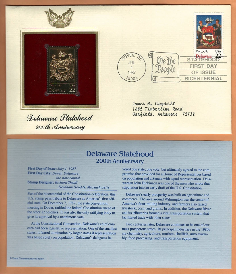 1987 Very Fine FDC 22kt. Golden Replica of US Stamp Enrico Caruso Sc.# 2250 - Image 1 of 1