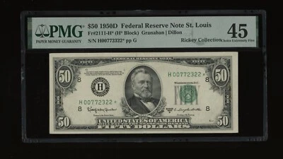 DBR 1950-D $50 FRN St. Louis STAR Fr. 2111-H* PMG 45 Serial H00772322* - Image 1 of 2