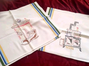 BABY CRADLE & WOOD COOK STOVE NOSTALGIA HAND EMBROIDERED TEA TOWELS SET OF TWO - Picture 1 of 5