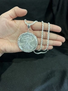 Bisel de plata esterlina 925 American Eagle 1 OZ 999 CENTENARIO Colgante Cadena Cuerda - Imagen 1 de 6