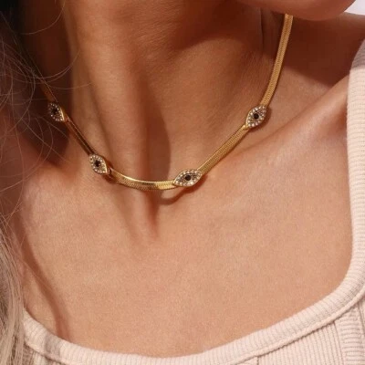 Zircon Evil Eye Necklace,  Lucky Eye Necklace, Dainty Choker Gold Necklace. - Image 1 of 4