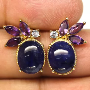 925 Argento Sterling Blu Zaffiro, Ametista & Zircone Orecchini 18k Placcato Oro - Foto 1 di 4