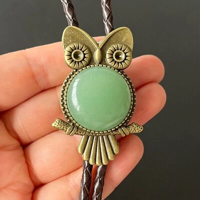 Natural Green Aventurine Bronze Owl Pattern Bolo Tie Western Wedding Necklace - Image 1 of 4