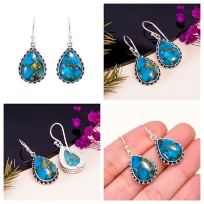 Natural Arizona Morenci Turquoise Earrings 925 Sterling Silver Teardrop Jewelry - Image 1 of 4