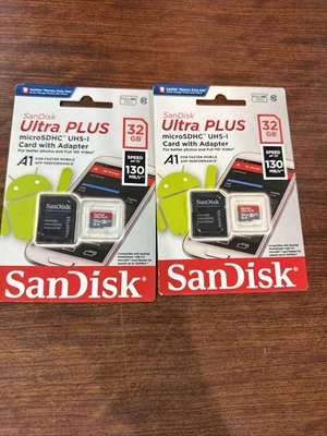 2 - 32GB Sandisk MicroSDHC Ultra PLUS Class-10 UHS-I Card W/ Adapter new sealed. - Image 1 of 2