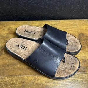 Born Sandalen Herren Größe 10 Schwarz Leder Slipper Zehenschlaufe Korkfußbett Komfort - Bild 1 von 4