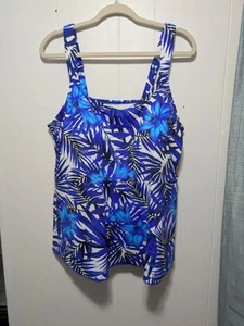 Lands End Woman Plus Size 2X Blue White Tropical Tankini Swim Top - Picture 1 of 3