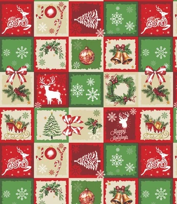 CHRISTMAS PATCHWORK GOLD BELLS GREEN WREATH RED TREES PVC PLASTIC TABLE CLOTH - Image 1 of 4