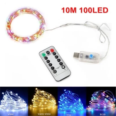 USB Plug in 100 LED Fairy String Lights DIY Remote Copper Wire Xmas Garden Decor - Image 1 of 4