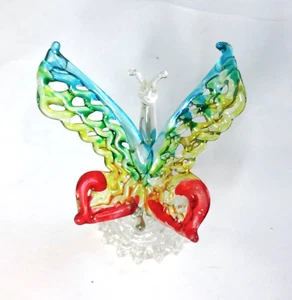 Vintage Hand Blown Spun Glass Colorful Butterfly on Stand 2.5" - Picture 1 of 3