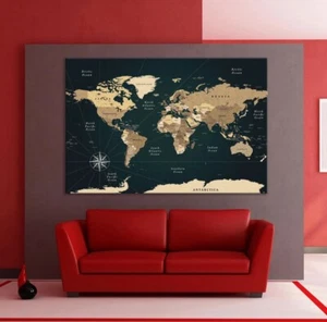 Classic World Map Wall Canvas Wall Art golden world map print home Wall Decor - Picture 1 of 5