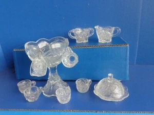 VINTAGE CHILD PRESSED GLASS PUNCH BOWL, CUPS, CREAMER, SUGAR, COVERED BUTTER- - Picture 1 of 1