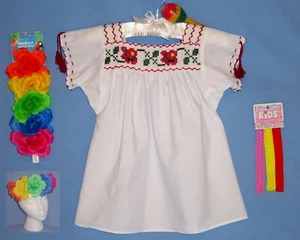Mexican Blouse-Girls 6-8-Embroidered-Fiesta Peasant Top-Maraca-Flower headband - Picture 1 of 11