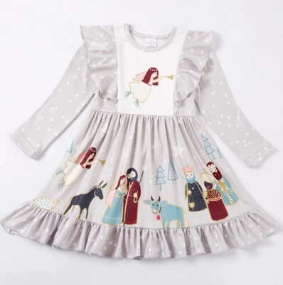 NEW Christmas Nativity Girls Long Sleeve Ruffle Dress - Image 1 of 4