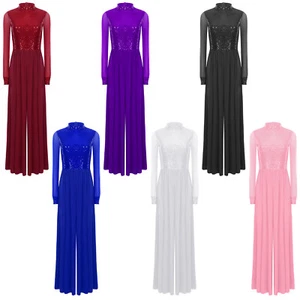 Women Gown Ballroom Dancewear Mesh Dress Tulle Long Sleeve Church Mock Neck - Picture 1 of 84