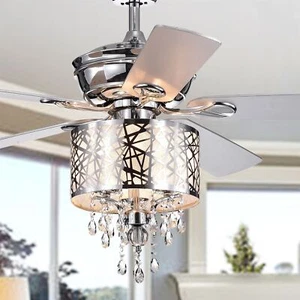 Garvey 5-blade 52-inch Chrome Ceiling Fan 3-Light Crystal Chandelier w Remote - Picture 1 of 4