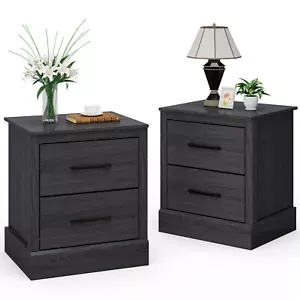 2 PCS 2 Drawer Nightstand Bedside Table Compact Sofa End Table Dark Grey Oak - Picture 1 of 8