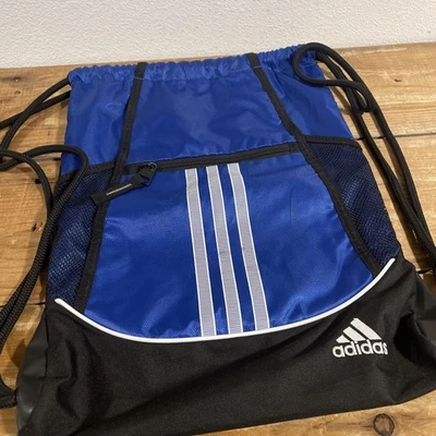 Adidas Drawstring Backpack Blue Black String Gym Bag With Zip Pocket - Image 1 of 4