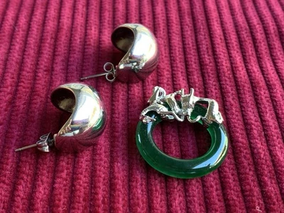 Зеленый нефритовый круг дракон для женщин подвеска 18K GP + серебряные серьги помечены 925 - Изображение 1 из 4