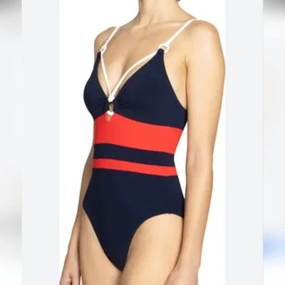 Traje de baño para mujer Robin Piccone azul marino y rojo triángulo traje de baño de una pieza Foto 1 de 4