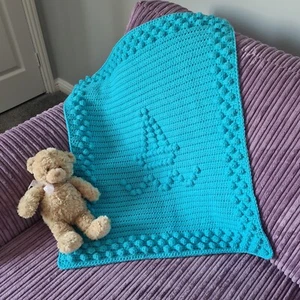 Choose your colour handmade crochet baby blanket boat bobble pram size baby boy - Picture 1 of 8