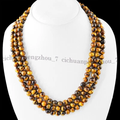 Tiger's Eye Necklace Natural 6/8/10/12mm Round Gemstone Beads 3 Layered 17-19'' - Image 1 of 3