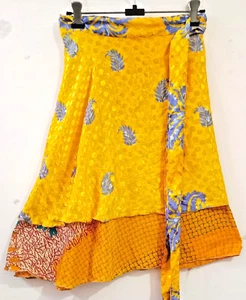 Art Silk Sari Bohemian L 21' Skirt 2 Layer Magic Wrap Mini Skirt Women's - Picture 1 of 7