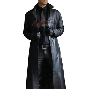Retro Trench Coat Men Real Leather Long Jacket Full Length Overcoat Trench Goth - Picture 1 of 5