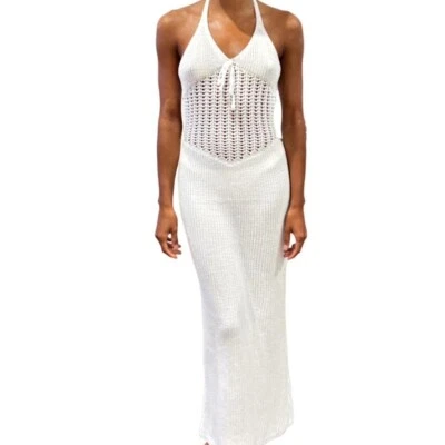 Maxi vestido halter tejido blanco para mujer, grande Foto 1 de 4