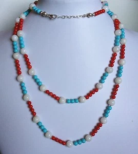 Collana lunga sfere madreperla pasta turchese corallo bambù argento 925 131 cm - Foto 1 di 1