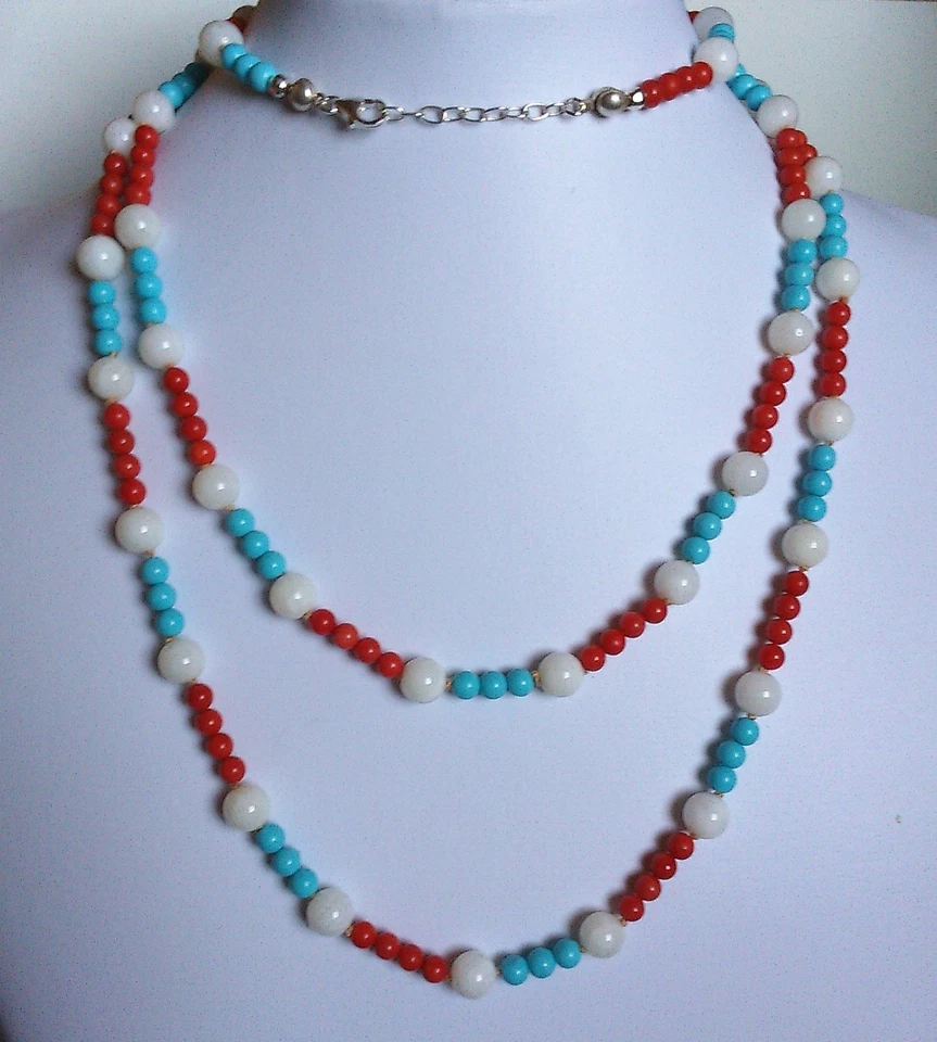 Collana lunga sfere madreperla pasta turchese corallo bambù argento 925 131 cm - Immagine 1 di 1