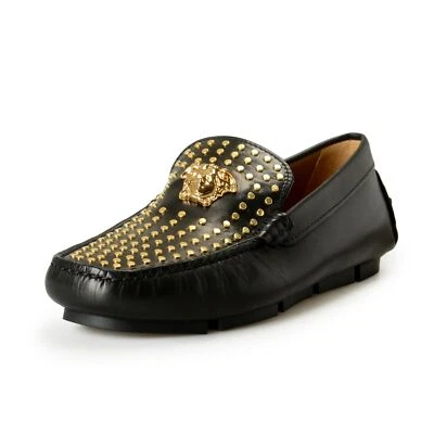 Versace Para hombres Cuero Negro Dorado Medusa y Tachuelas Mocasines Zapatos US 6 IT 39 Foto 1 de 4