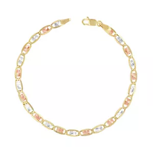 10K Solid Yellow Rose White Tri Gold 4mm Valentino Chain Womens Bracelet 7" - Picture 1 of 10