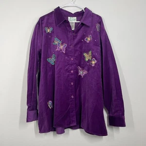 Quacker Factory Jacket Women 2X Purple Button Down Butterfly Velvet Casual - Picture 1 of 7