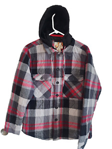 Vintage OP Ocean Pacific Flannel Red plaid Quilted Hooded Jacket Shirt Mens Sm