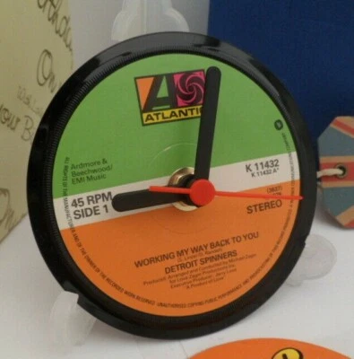 DETROIT SPINNERS CLOCK Side Table Desk Top Upcycled Vinyl Record Hit Single 4" . - Image 1 of 4