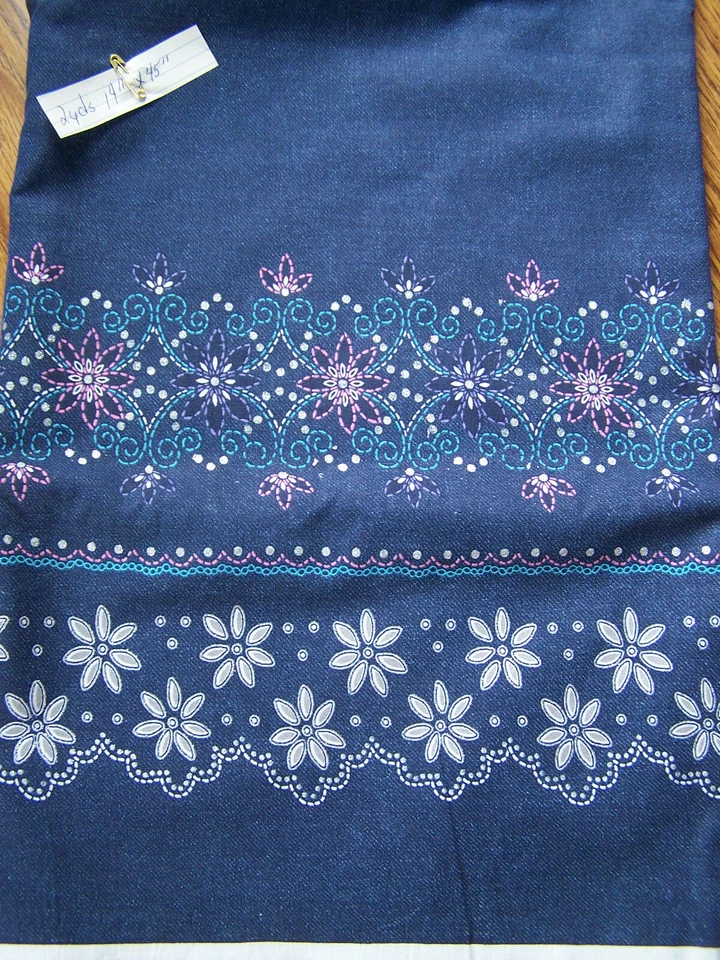 Vintage Denim look borde floral, tela de algodón con acento plateado 2 yardas 14" x 45" con  Foto 1 de 1