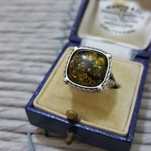 925 Sterling Silver Ring, Genuine Baltic Amber, Olive Amber, Size i.5 US 4.5 - Picture 1 of 7