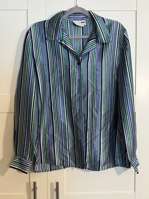 Blusa vintage años 90 Leslie Fay Haberdashery a rayas con botones talla 12 azul marino Foto 1 de 4