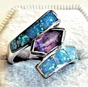 925 Silber synthetischer blauer Opal & Amethyst Ring ~ signiert CO ~ Größe 6 - Bild 1 von 6