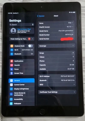 Apple iPad 5th Generation 9.7” 32GB Wi-Fi 16.7.12 Unlocked, PALERA1N TROLLSTORE  - Image 1 of 3