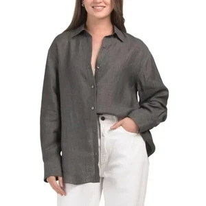 NWT $195 Theory Boyfriend Draped Hemp Shirt in Pewter Melange M - Picture 1 of 5