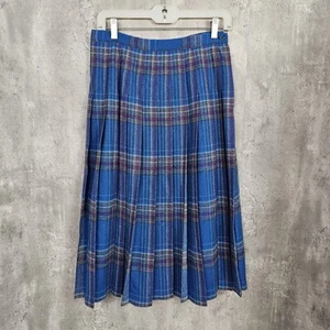 Vintage 80s Pendleton 10P Blue Grey Purple Plaid Wool Pleated Skirt Academia - Picture 1 of 9