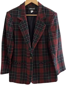 VTG Sag Harbor PETITES Plaid Blazer Jacket Red Green Wool Blend Holiday Sz 14P - Picture 1 of 9