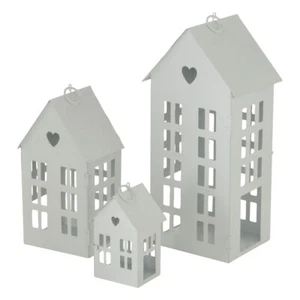 Metall Laterne 3er Set 35/24/13 cm - weiß - Deko Windlicht Haus Außen Innen - Bild 1 von 2