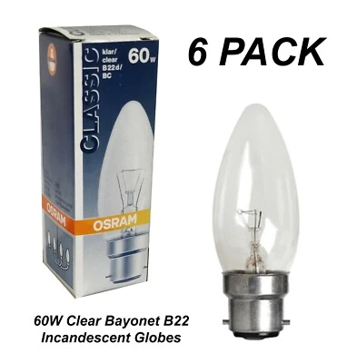 6 x 60W Clear B22 Candle Shaped Light Globes Bulbs Lamps Bayonet Incandescent BC - Image 1 of 3