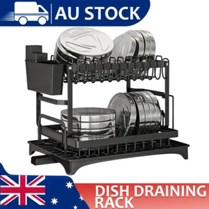 2 Tier Dish Drying Rack Plate Drainer Cutlery Holder Kitchen Organizer Storage - Picture 1 of 13